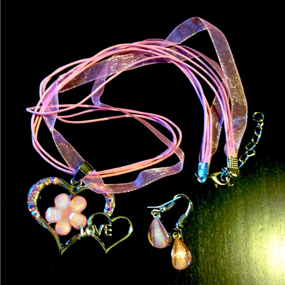 New 3 Piece Pink Heart Cord and Chiffon Necklace With Matching Earrings